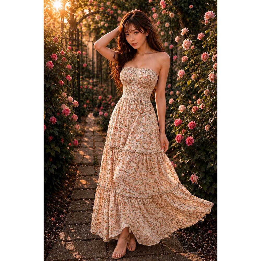 Twirl into Flowers strapless Smocked flowy blooming floral Maxi dress
